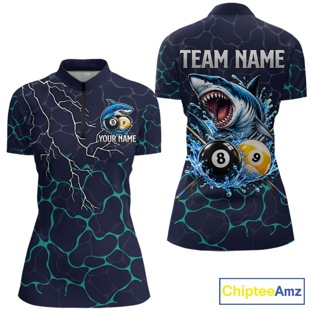 Blue Funny Shark 8 Ball & 9 Ball Lightning Billiard Shirts Custom Pool Team Jersey