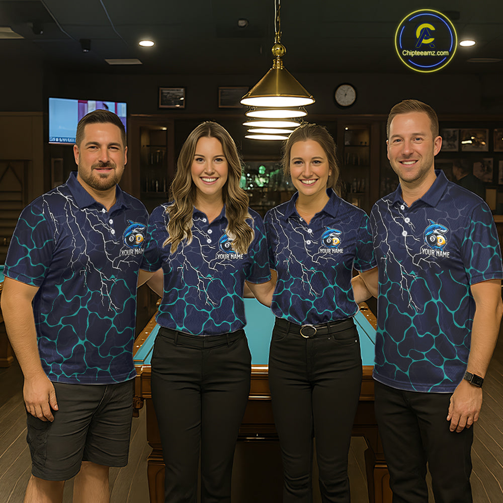 Blue Funny Shark 8 Ball & 9 Ball Lightning Billiard Shirts Custom Pool Team Jersey