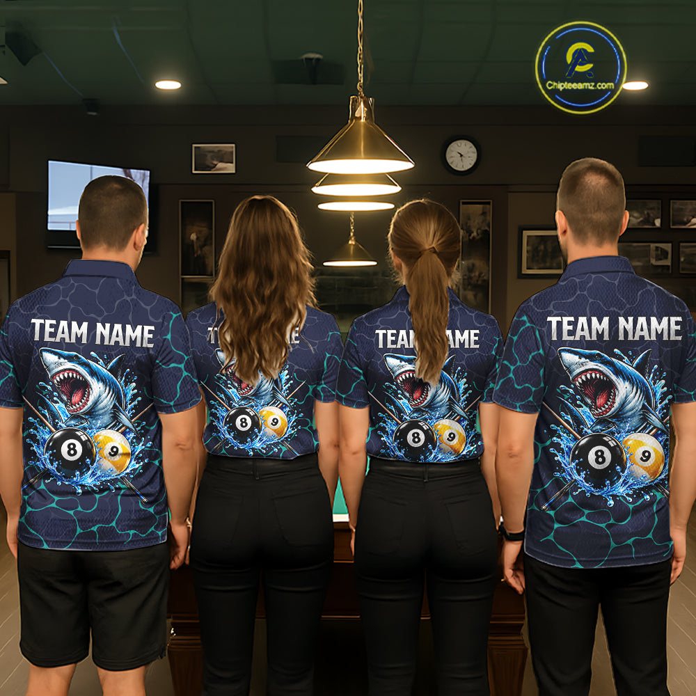 Blue Funny Shark 8 Ball & 9 Ball Lightning Billiard Shirts Custom Pool Team Jersey