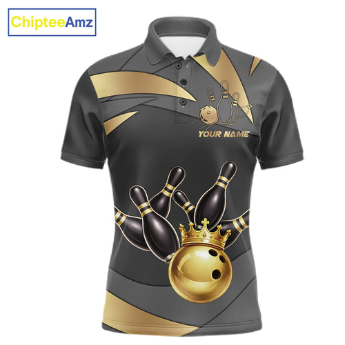 Black And Gold Bowling Shirt Custom Crown Bowling Jersey, Bowling League Polo & 1/4 Zip