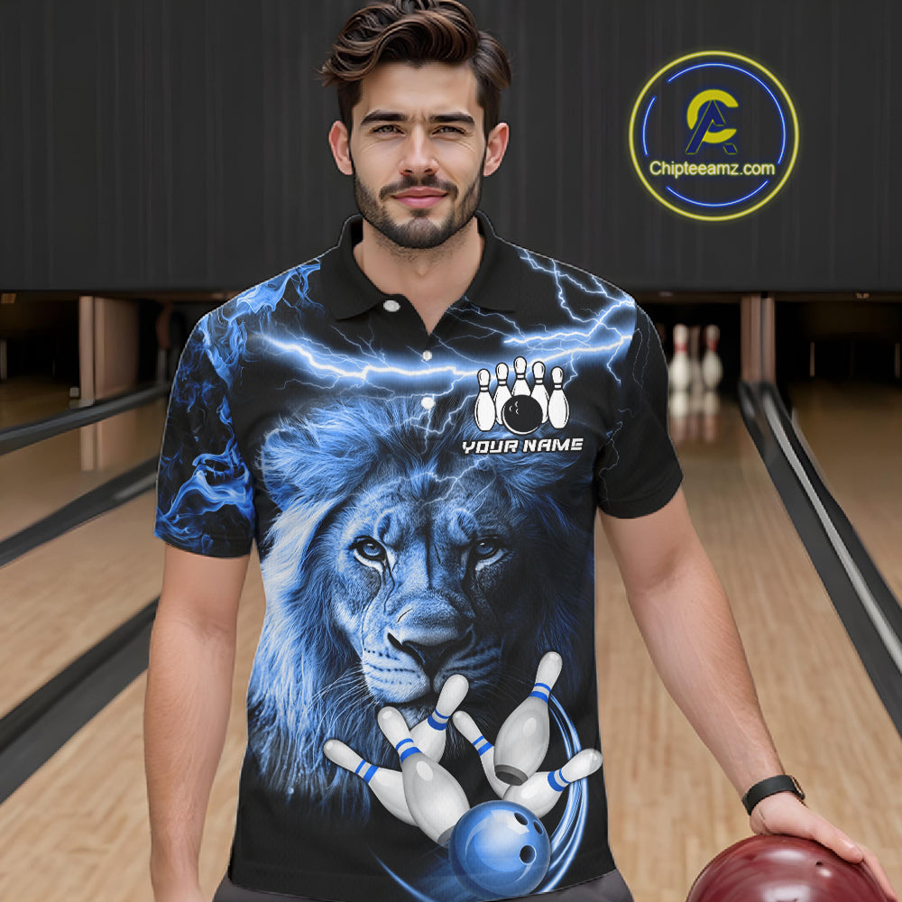 Personalized Blue Lightning Thunder Lion Bowling Shirts Custom Bowling Team Jerseys