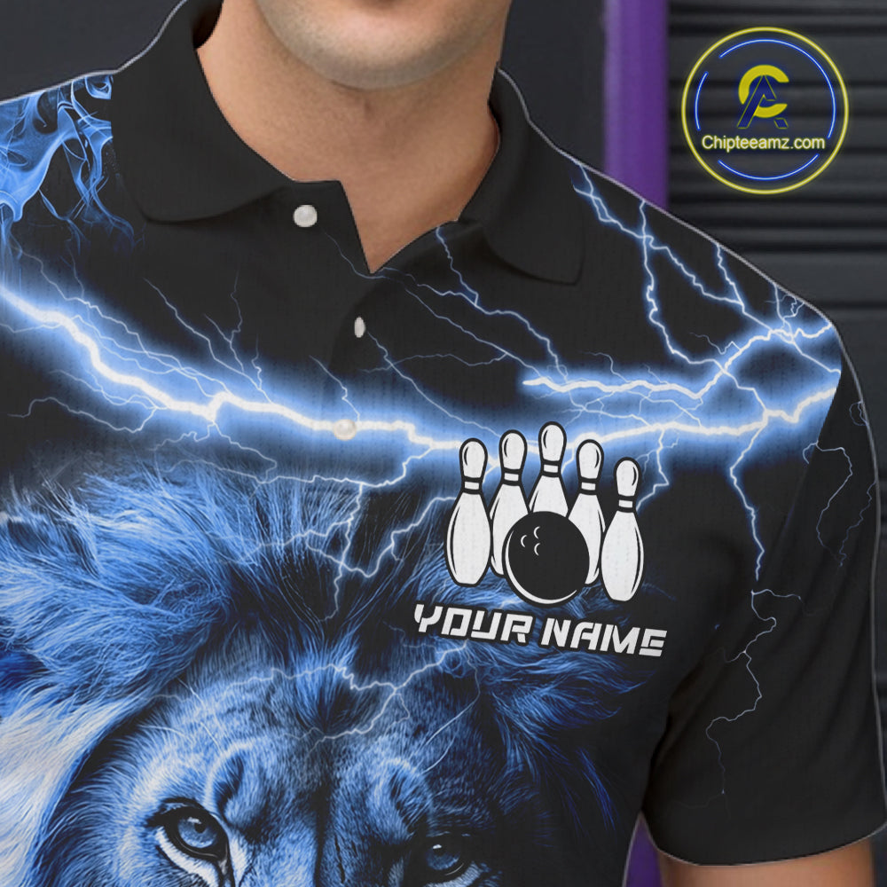 Personalized Blue Lightning Thunder Lion Bowling Shirts Custom Bowling Team Jerseys