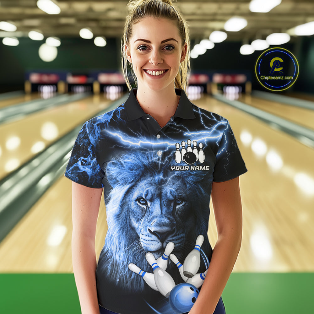 Personalized Blue Lightning Thunder Lion Bowling Shirts Custom Bowling Team Jerseys