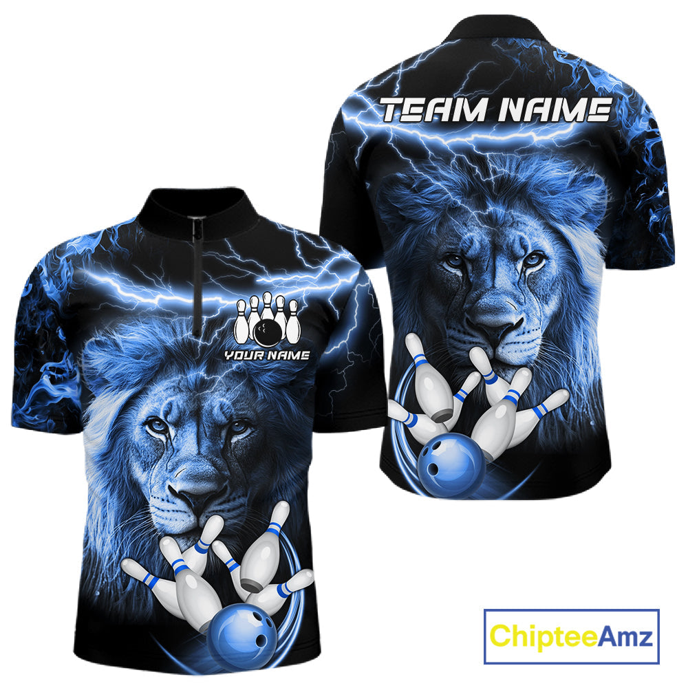 Personalized Blue Lightning Thunder Lion Bowling Shirts Custom Bowling Team Jerseys