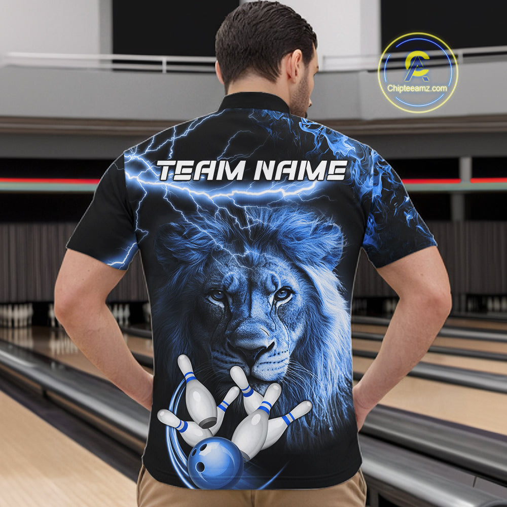 Personalized Blue Lightning Thunder Lion Bowling Shirts Custom Bowling Team Jerseys