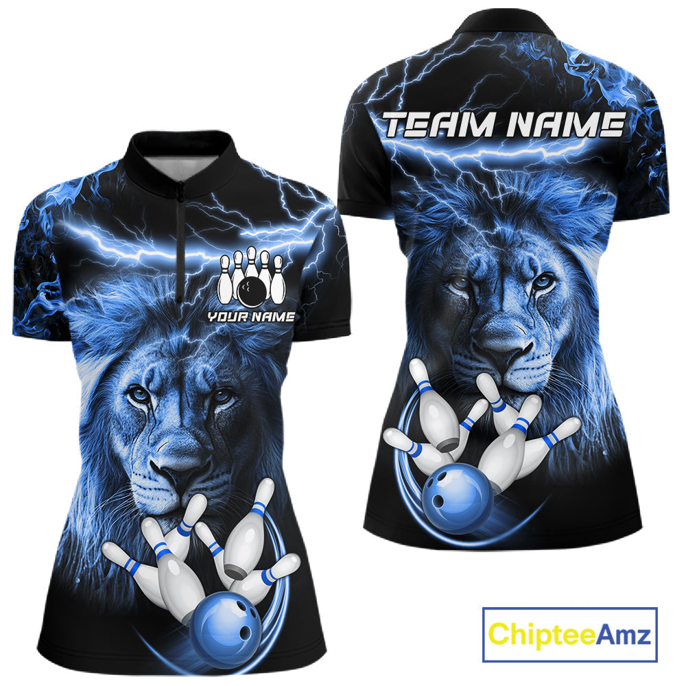 Personalized Blue Lightning Thunder Lion Bowling Shirts Custom Bowling Team Jerseys