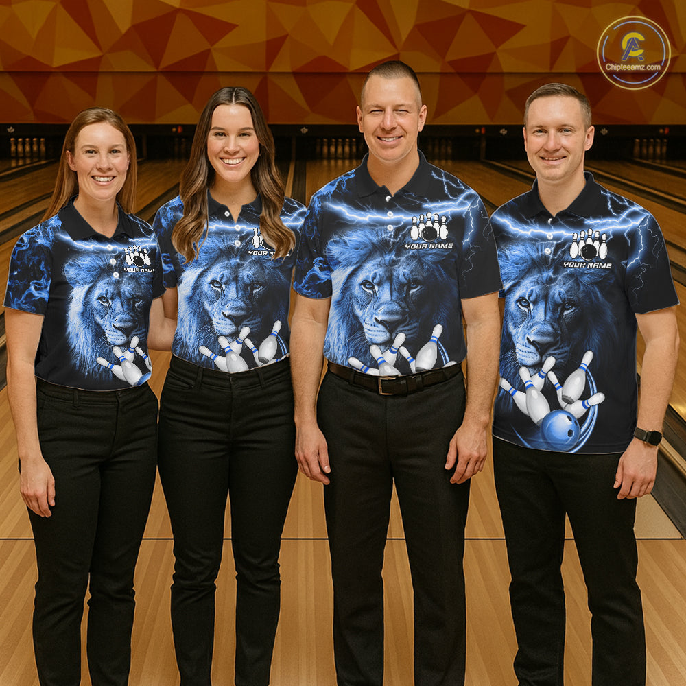 Personalized Blue Lightning Thunder Lion Bowling Shirts Custom Bowling Team Jerseys