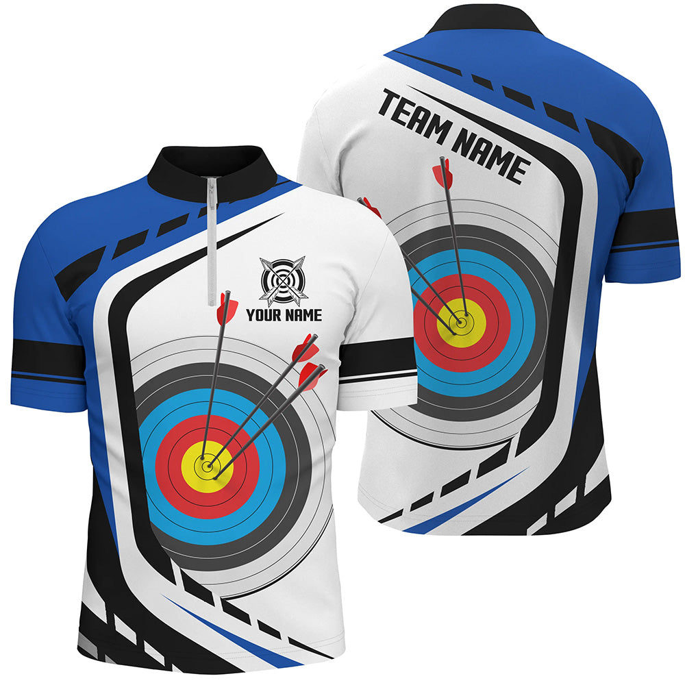 Personalized Archery Target White Blue Jersey Quarter-Zip Shirts Custom Archery Outfit
