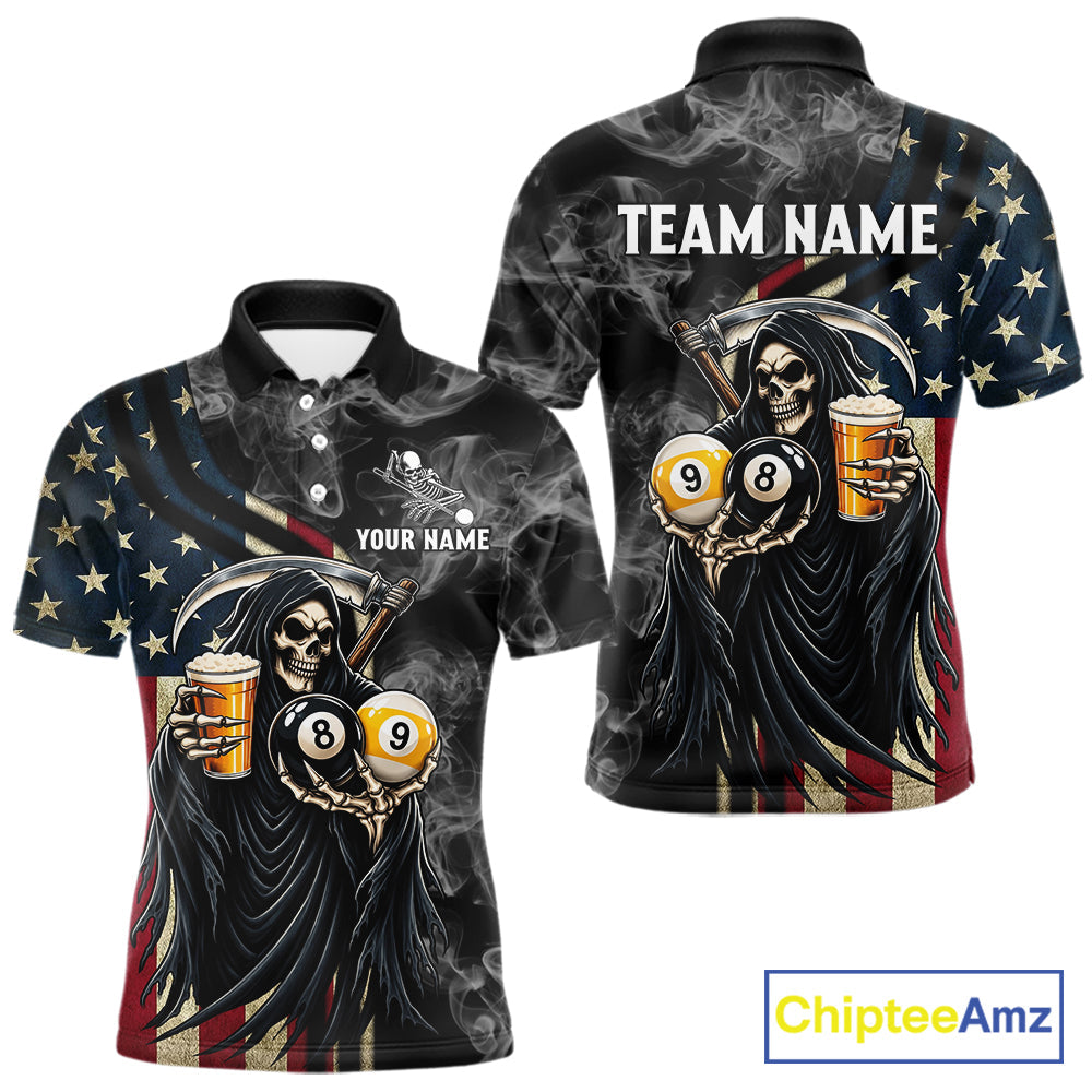 US Flag Grim Reaper Smoke Beer Billiard Shirt Custom 8 Ball & 9 Ball Pool Team Jersey