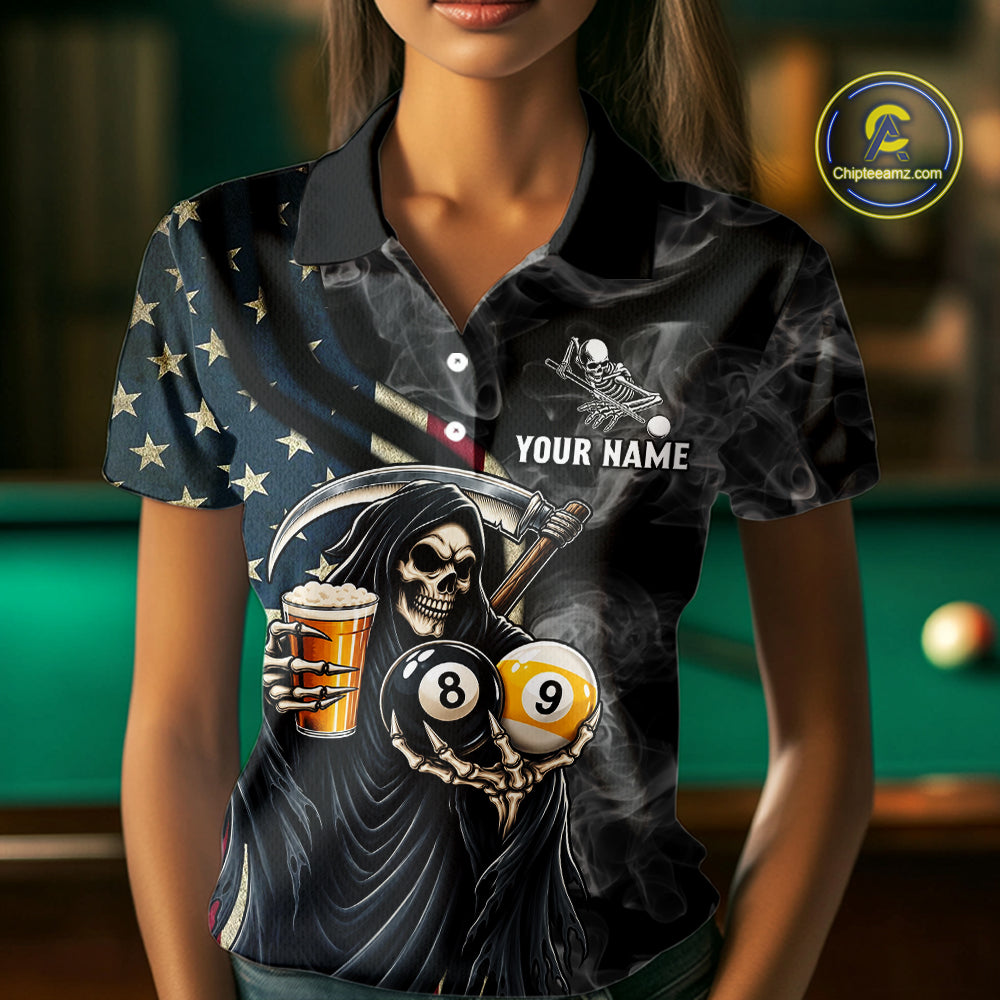 US Flag Grim Reaper Smoke Beer Billiard Shirt Custom 8 Ball & 9 Ball Pool Team Jersey