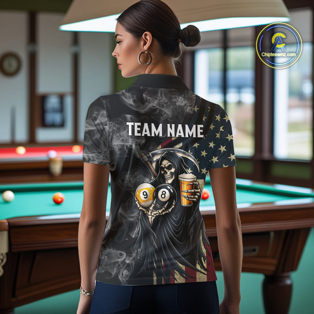 US Flag Grim Reaper Smoke Beer Billiard Shirt Custom 8 Ball & 9 Ball Pool Team Jersey
