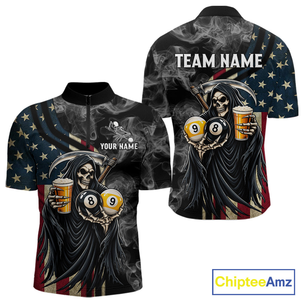 US Flag Grim Reaper Smoke Beer Billiard Shirt Custom 8 Ball & 9 Ball Pool Team Jersey