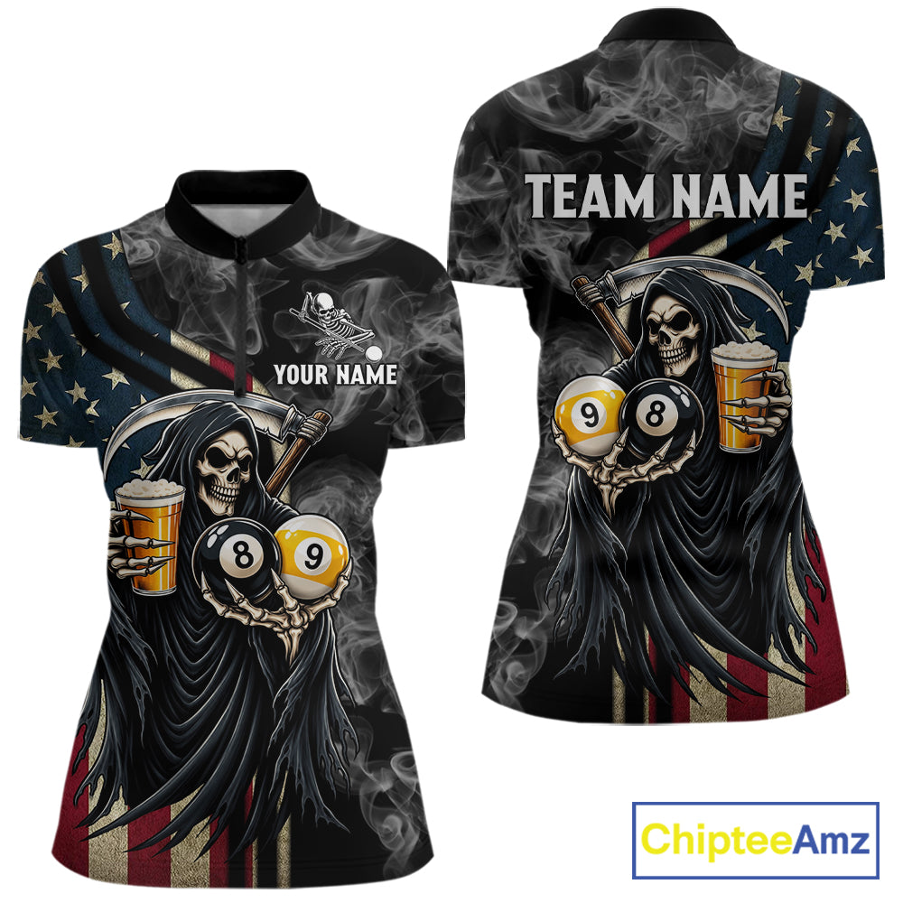 US Flag Grim Reaper Smoke Beer Billiard Shirt Custom 8 Ball & 9 Ball Pool Team Jersey
