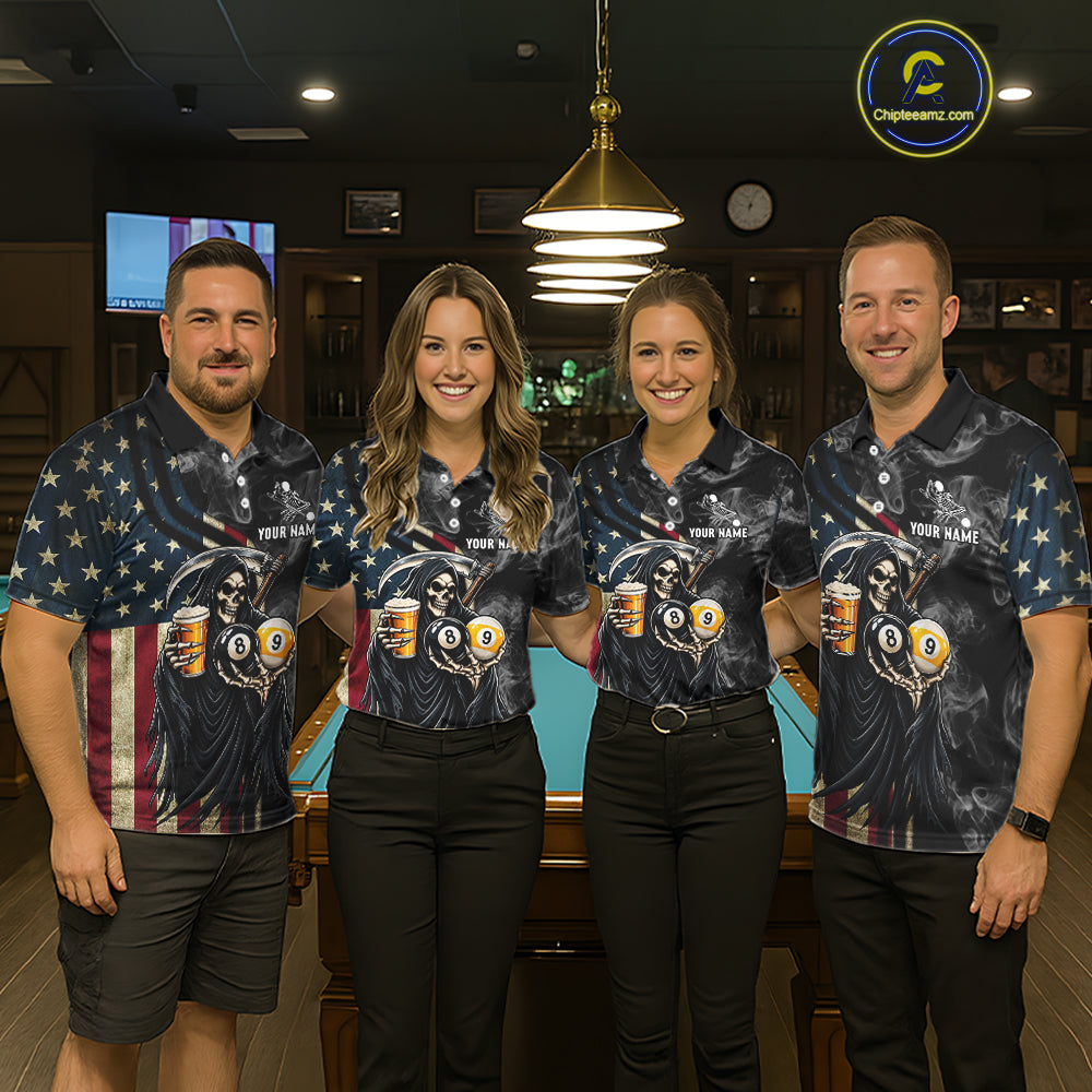 US Flag Grim Reaper Smoke Beer Billiard Shirt Custom 8 Ball & 9 Ball Pool Team Jersey