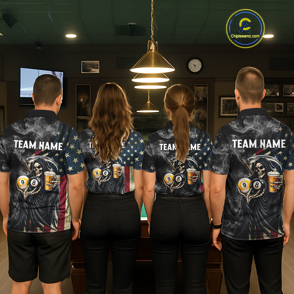 US Flag Grim Reaper Smoke Beer Billiard Shirt Custom 8 Ball & 9 Ball Pool Team Jersey