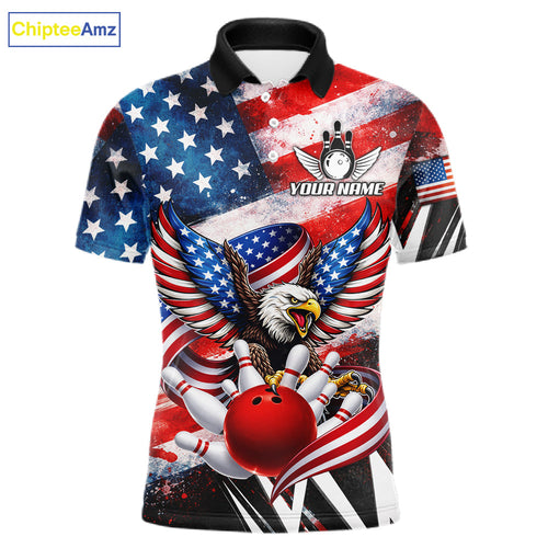 Custom American Flag Eagle Bowling Jersey, Patriotic Bowling Team Shirt Polo & 1/4 Zip