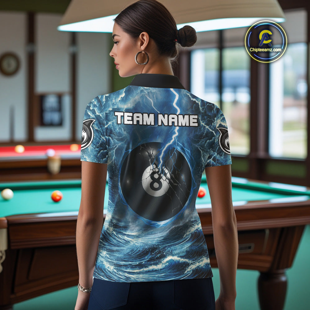 Blue 8 Ball Pool Billiard Shark Polo & Quarter Zip Custom Thunder Storm Billiard Jersey