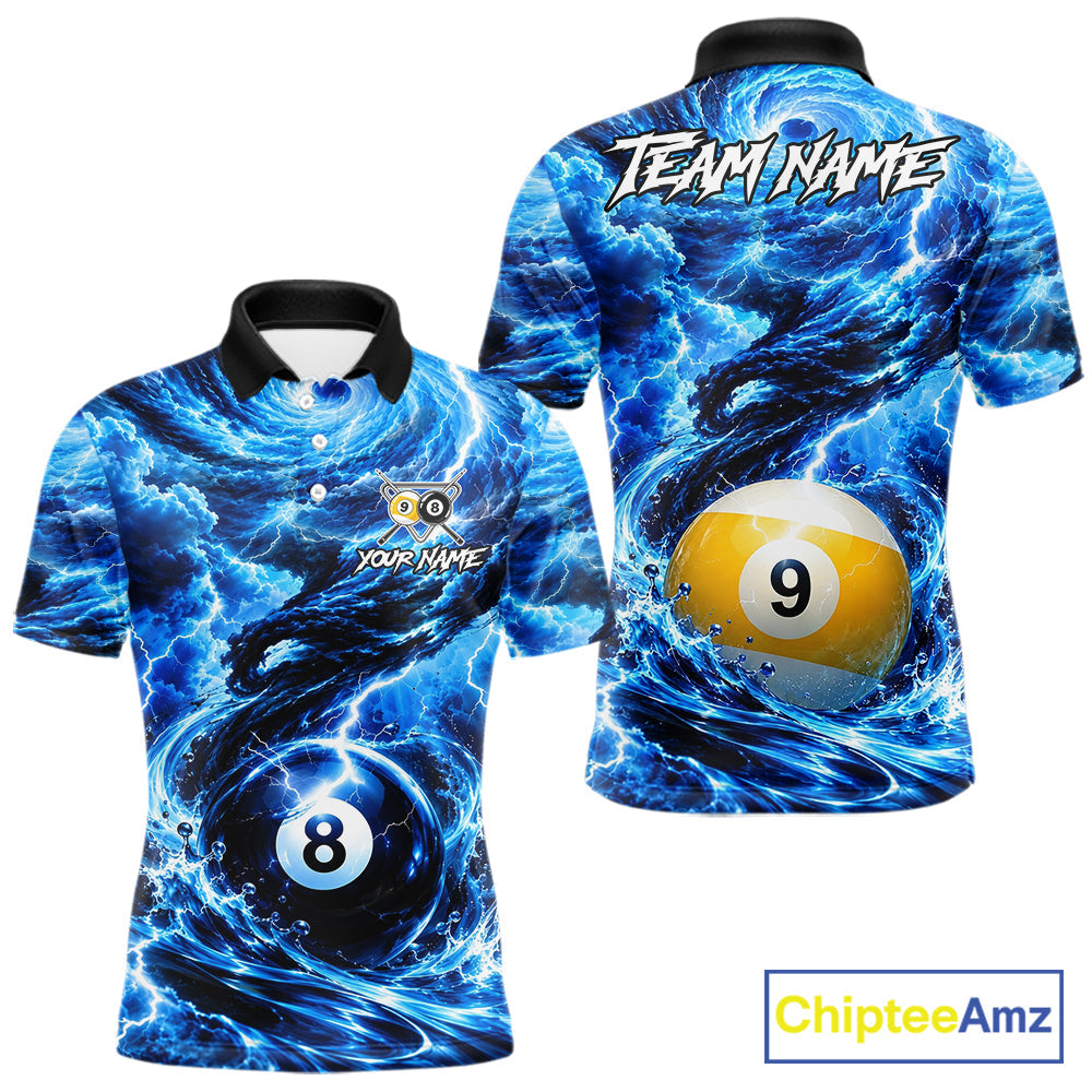 Blue 8 Ball & 9 Ball Storm Thunder Lightning Billiard Shirts Custom Pool Team Jersey