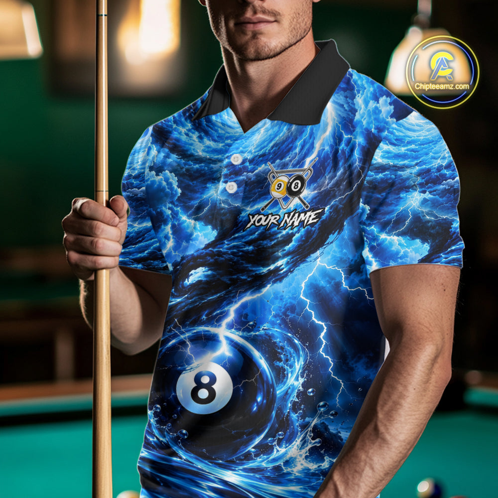 Blue 8 Ball & 9 Ball Storm Thunder Lightning Billiard Shirts Custom Pool Team Jersey