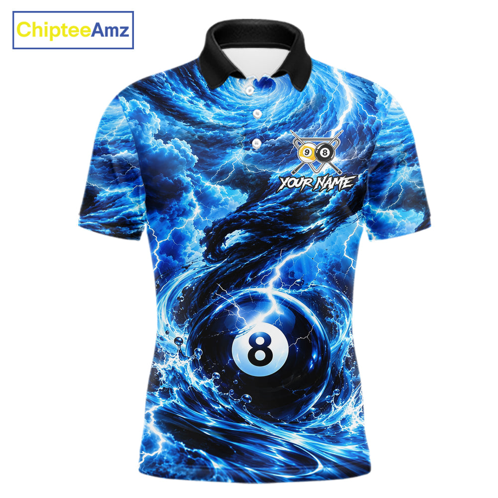 Blue 8 Ball & 9 Ball Storm Thunder Lightning Billiard Shirts Custom Pool Team Jersey