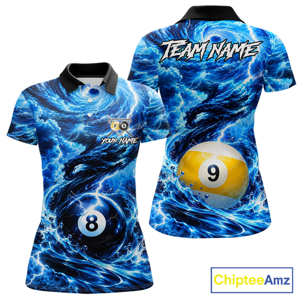 Blue 8 Ball & 9 Ball Storm Thunder Lightning Billiard Shirts Custom Pool Team Jersey
