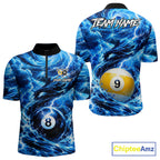 Blue 8 Ball & 9 Ball Storm Thunder Lightning Billiard Shirts Custom Pool Team Jersey