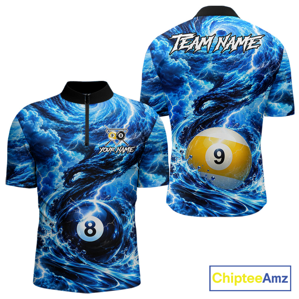 Blue 8 Ball & 9 Ball Storm Thunder Lightning Billiard Shirts Custom Pool Team Jersey