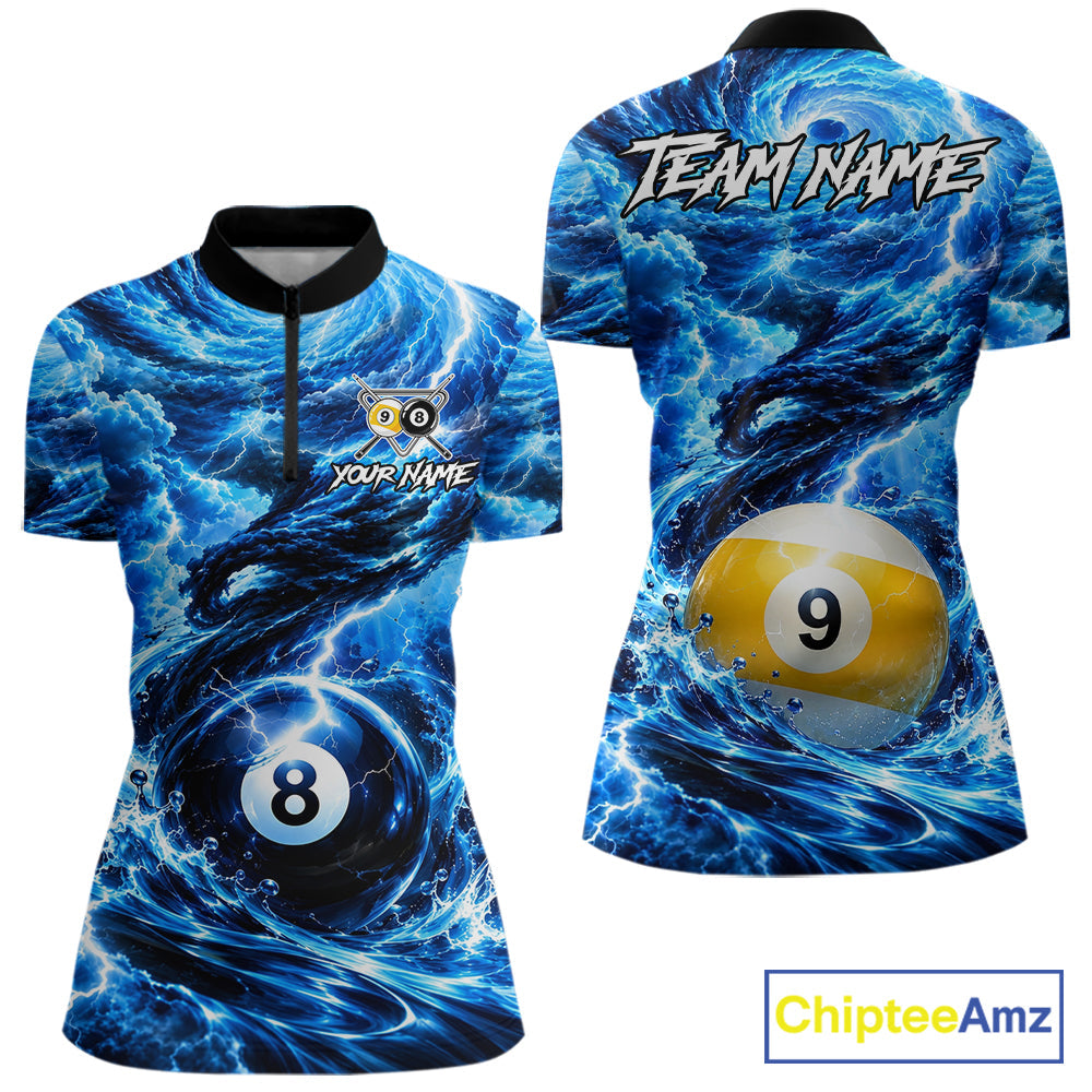 Blue 8 Ball & 9 Ball Storm Thunder Lightning Billiard Shirts Custom Pool Team Jersey