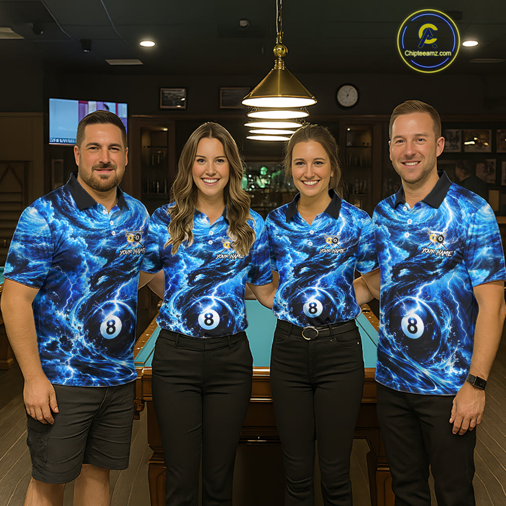 Blue 8 Ball & 9 Ball Storm Thunder Lightning Billiard Shirts Custom Pool Team Jersey