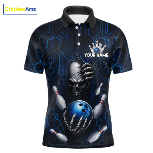 Black And Blue Custom Skull Bowling Shirt, Hexagon Bowling Team Jersey Polo & 1/4 Zip