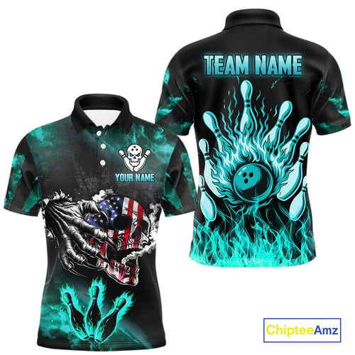 Turquoise Flaming American Flag Skull Bowling Shirt Custom Fire Bowling Team Jersey