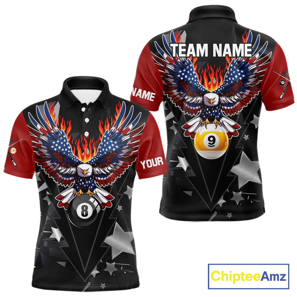 Custom 8 Ball 9 Ball Eagle American Flag Flame Billiard Shirts, Patriotic Pool Team Jersey