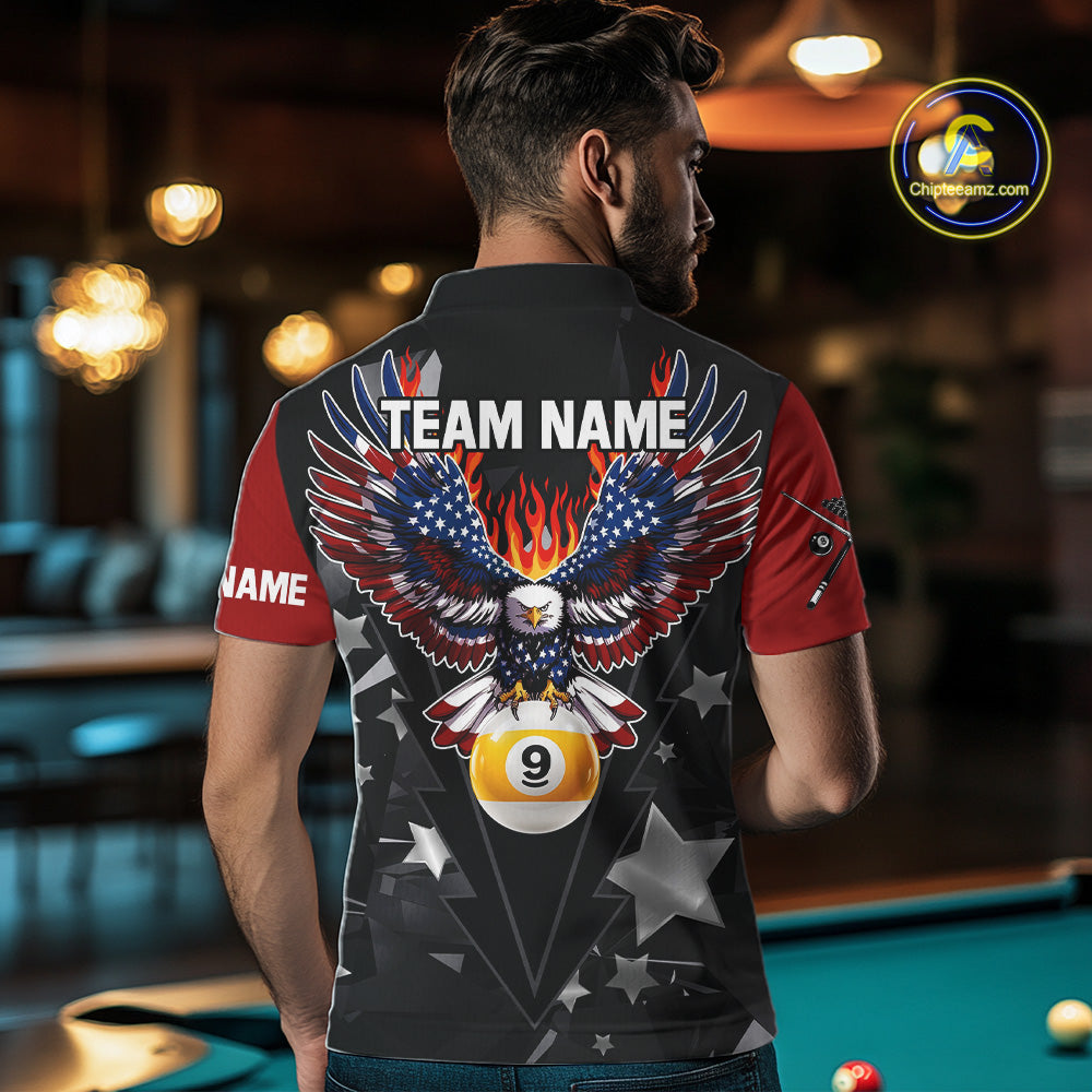 Custom 8 Ball 9 Ball Eagle American Flag Flame Billiard Shirts, Patriotic Pool Team Jersey