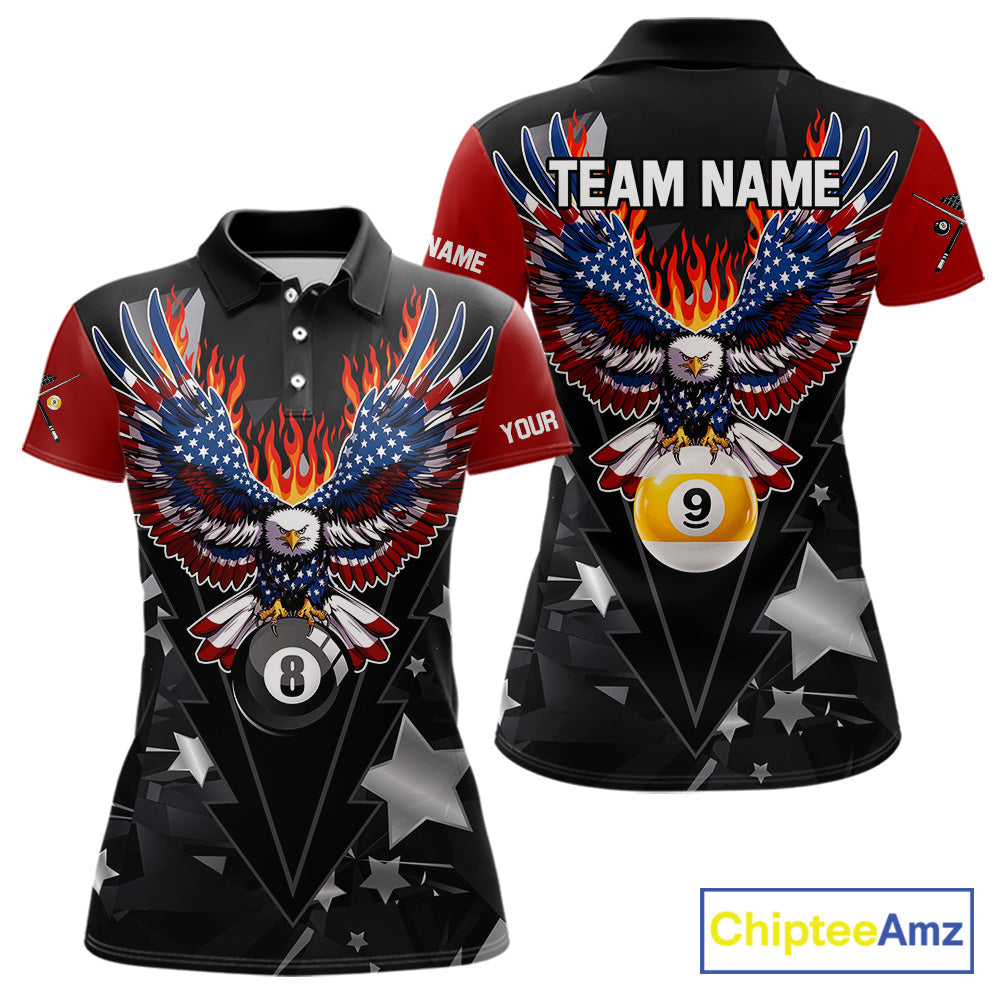 Custom 8 Ball 9 Ball Eagle American Flag Flame Billiard Shirts, Patriotic Pool Team Jersey