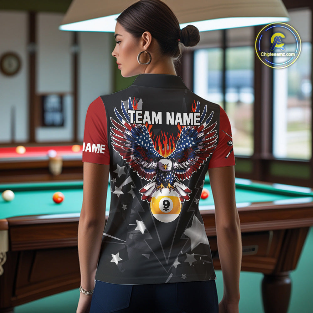 Custom 8 Ball 9 Ball Eagle American Flag Flame Billiard Shirts, Patriotic Pool Team Jersey