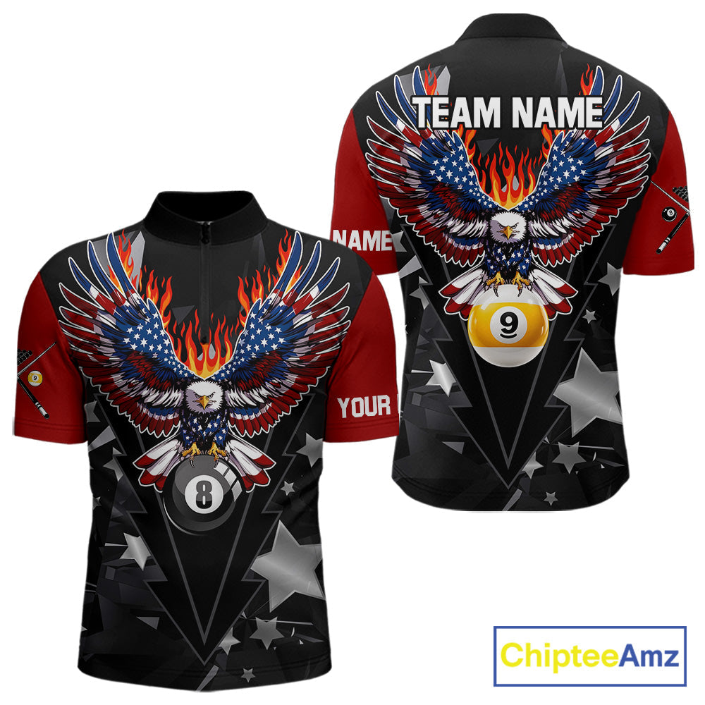 Custom 8 Ball 9 Ball Eagle American Flag Flame Billiard Shirts, Patriotic Pool Team Jersey
