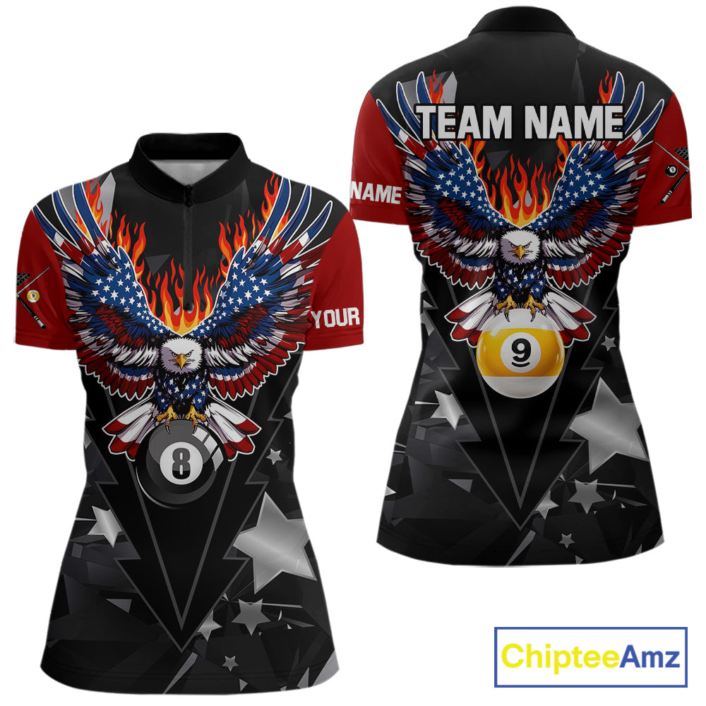 Custom 8 Ball 9 Ball Eagle American Flag Flame Billiard Shirts, Patriotic Pool Team Jersey