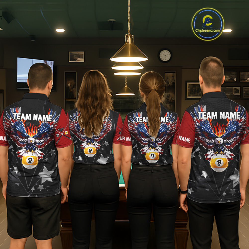 Custom 8 Ball 9 Ball Eagle American Flag Flame Billiard Shirts, Patriotic Pool Team Jersey