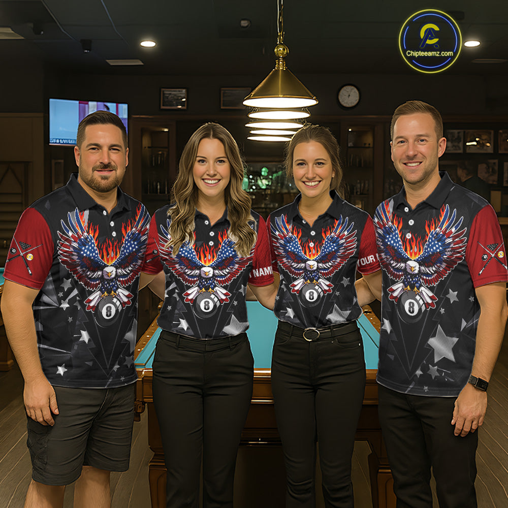 Custom 8 Ball 9 Ball Eagle American Flag Flame Billiard Shirts, Patriotic Pool Team Jersey