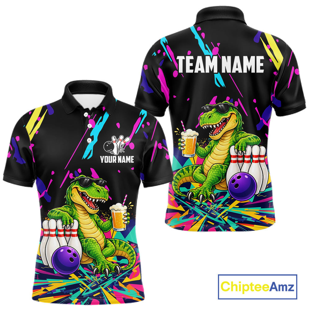 Colorful Bowling Jersey Funny Dinosaur Bowling Polo & 1/4 Zip Custom Bowling Team Shirts