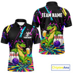 Colorful Bowling Jersey Funny Dinosaur Bowling Polo & 1/4 Zip Custom Bowling Team Shirts