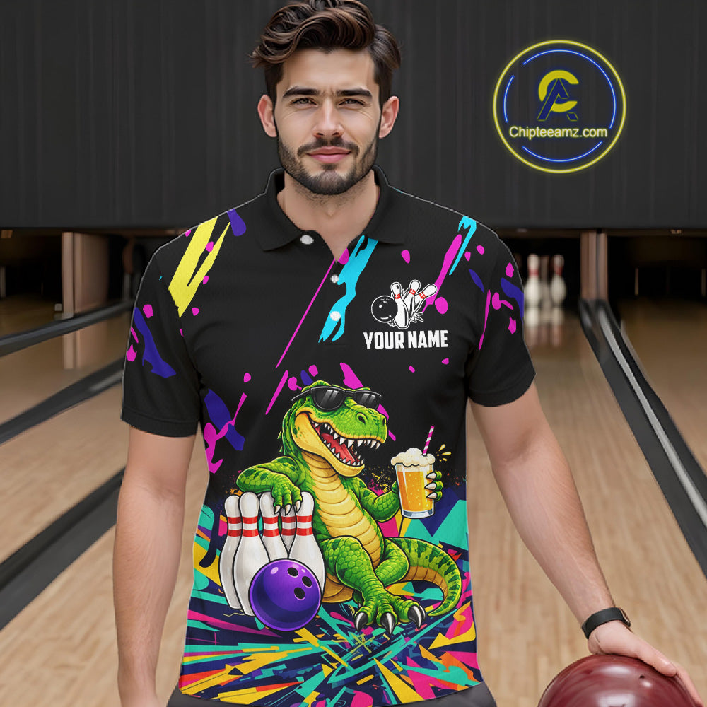 Colorful Bowling Jersey Funny Dinosaur Bowling Polo & 1/4 Zip Custom Bowling Team Shirts