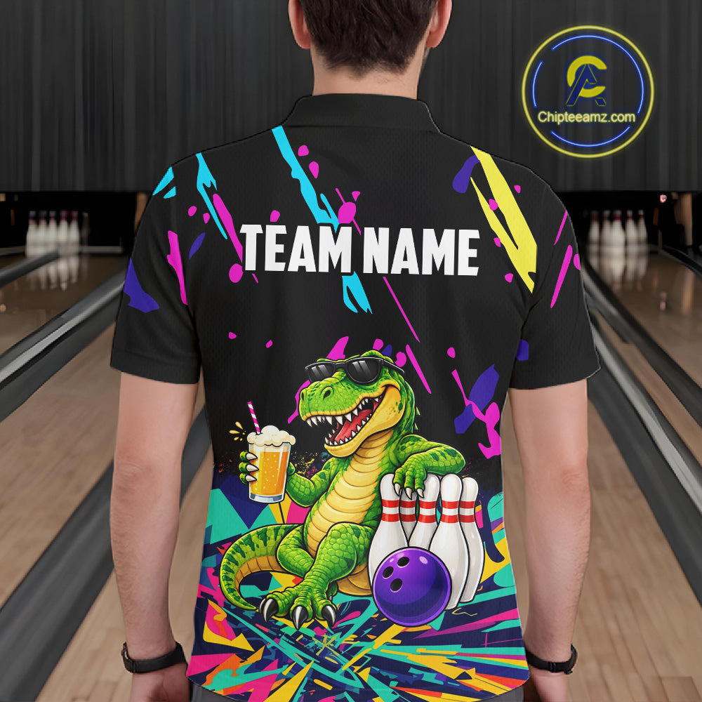 Colorful Bowling Jersey Funny Dinosaur Bowling Polo & 1/4 Zip Custom Bowling Team Shirts