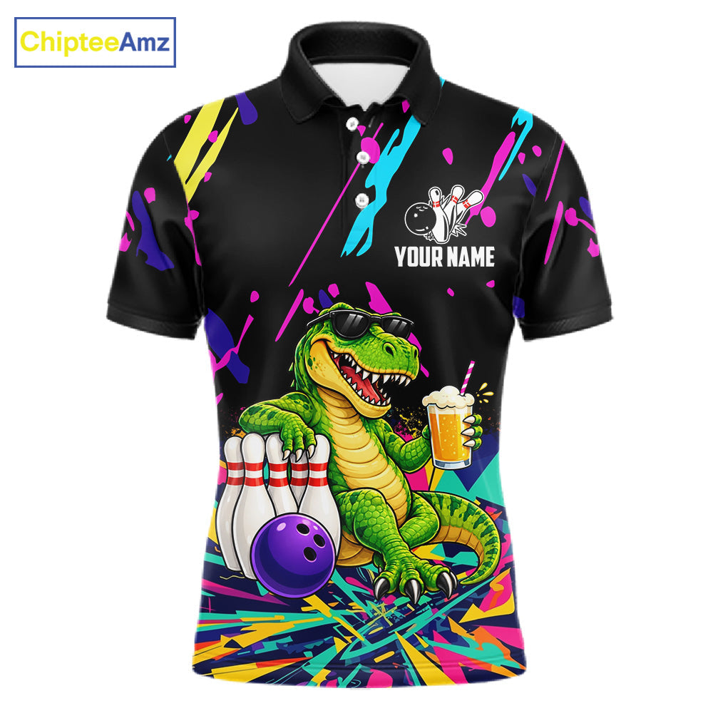 Colorful Bowling Jersey Funny Dinosaur Bowling Polo & 1/4 Zip Custom Bowling Team Shirts