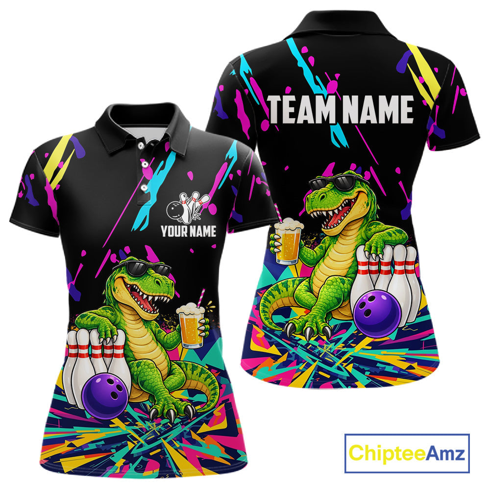 Colorful Bowling Jersey Funny Dinosaur Bowling Polo & 1/4 Zip Custom Bowling Team Shirts