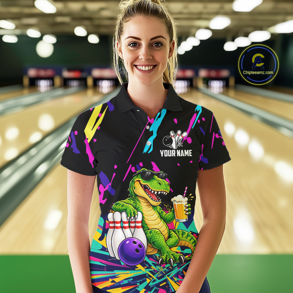 Colorful Bowling Jersey Funny Dinosaur Bowling Polo & 1/4 Zip Custom Bowling Team Shirts