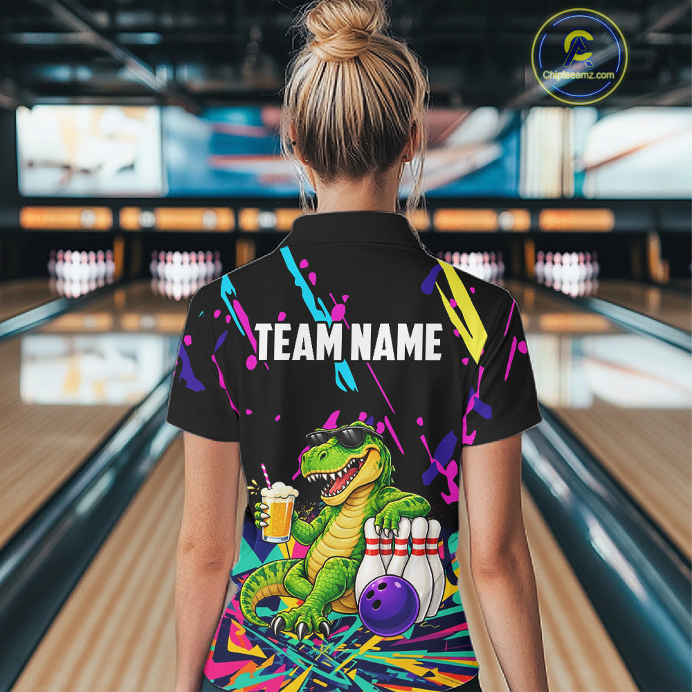 Colorful Bowling Jersey Funny Dinosaur Bowling Polo & 1/4 Zip Custom Bowling Team Shirts