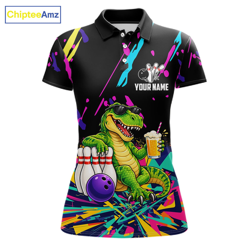 Colorful Bowling Jersey Funny Dinosaur Bowling Polo & 1/4 Zip Custom Bowling Team Shirts
