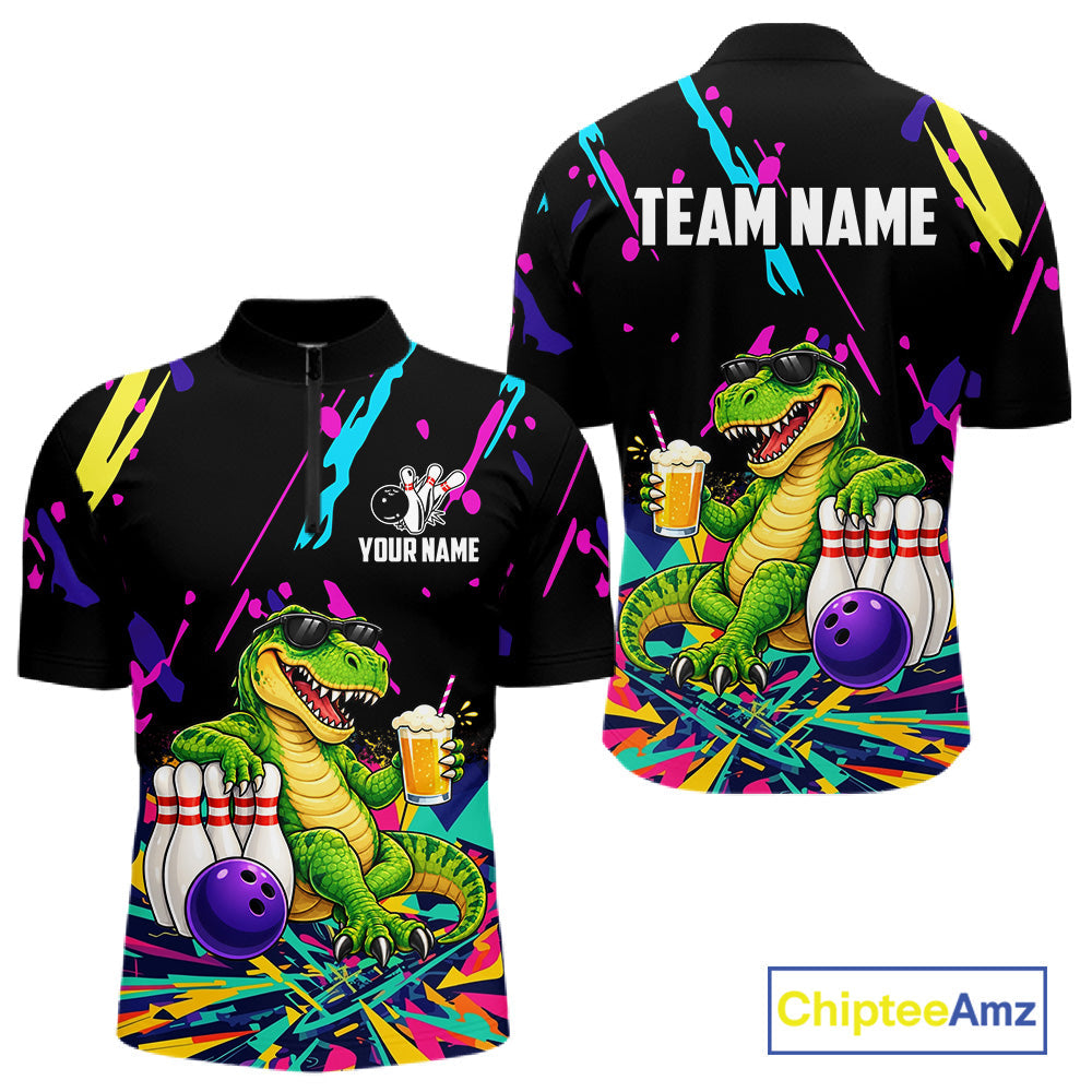 Colorful Bowling Jersey Funny Dinosaur Bowling Polo & 1/4 Zip Custom Bowling Team Shirts