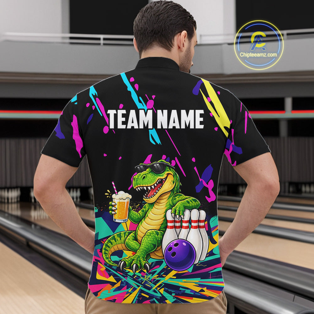 Colorful Bowling Jersey Funny Dinosaur Bowling Polo & 1/4 Zip Custom Bowling Team Shirts
